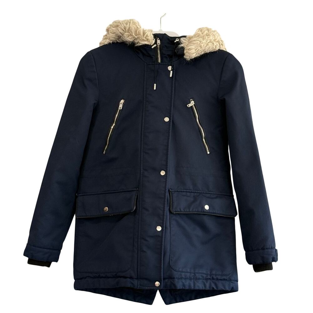 Faux Fur Hooded Parka Coat Navy XS Women's Zara TRF Padded Utility Winter Jacket